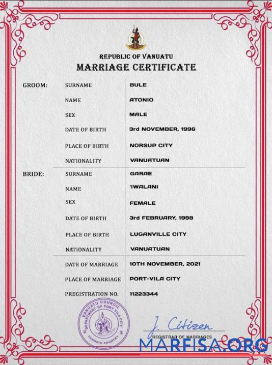 Downloadable Vanuatu marriage certificate PSD download for verification